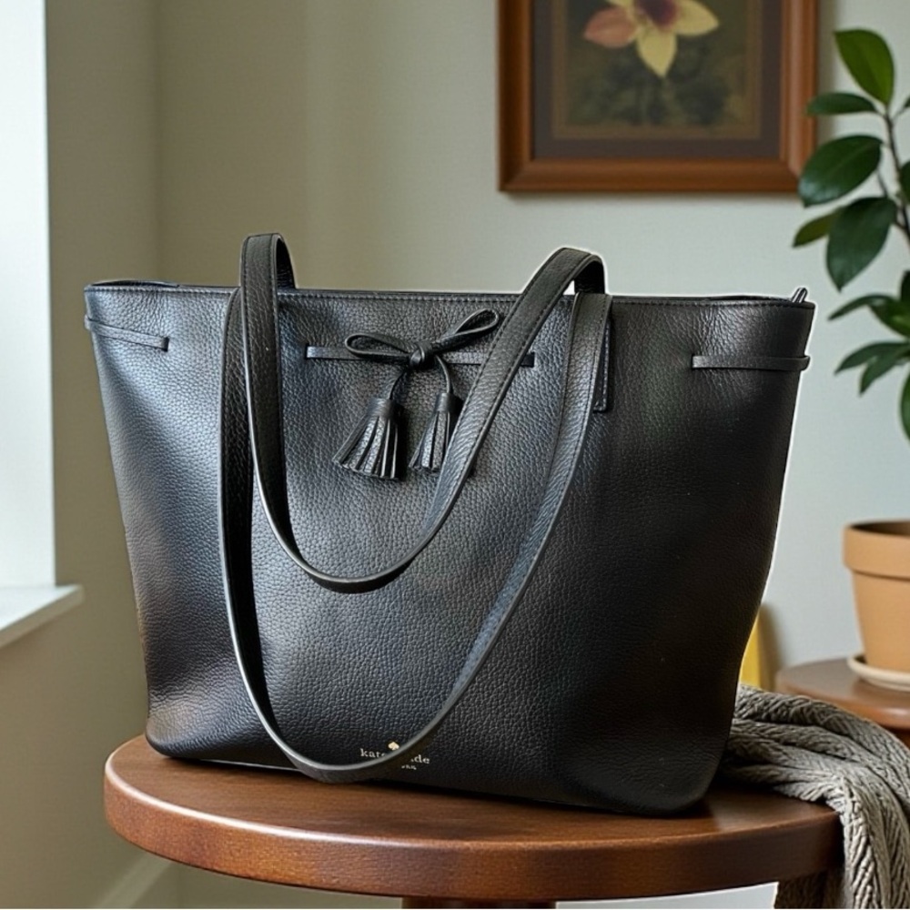 Kate Spade Hayes Medium top zip Black Tote with Tassel Accent